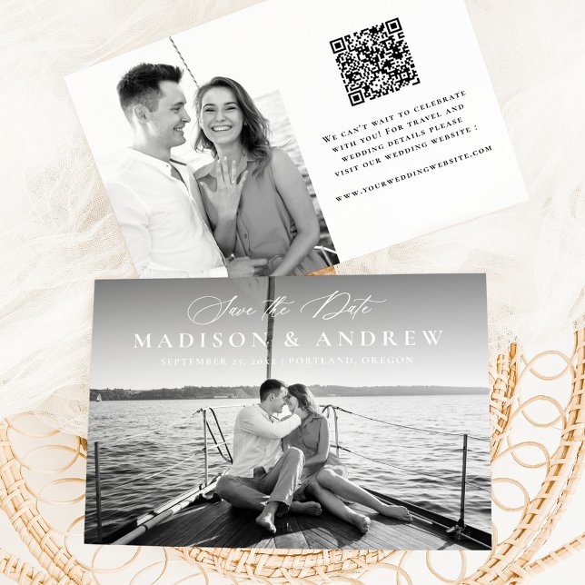 Moderne elegante Calligraphie 2 Foto QR Code Weddi Save The Date (Von Creator hochgeladen)