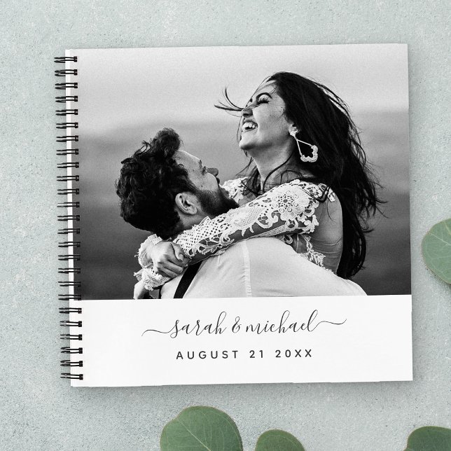 Moderne Elegante Calligraphie 2 Foto Wedding Guest Notizbuch (Von Creator hochgeladen)