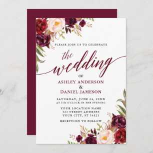 Moderne elegante Calligraphie floral Burgundy Wedd Einladung