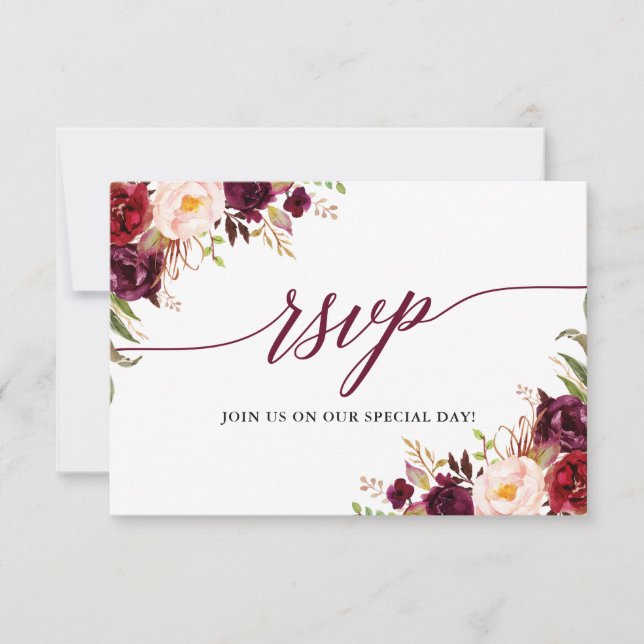Moderne elegante Calligraphie floral Burgundy Wedd RSVP Karte (Vorderseite)