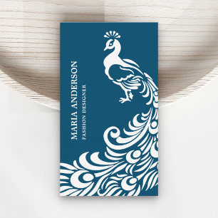 Moderne elegante chic blaue und weiße Pfau Visitenkarte