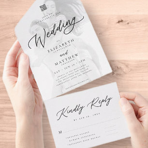 Moderne elegante chic einfache QR-Code-Hochzeitsfo All In One Einladung