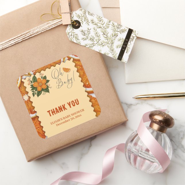 Moderne elegante Citrus Orange Babydusche Quadratischer Aufkleber (Schenken)