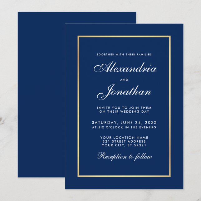 Moderne Elegante Classic Blue Gold Frame Wedding Einladung (Vorne/Hinten)