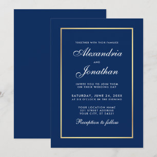 Moderne Elegante Classic Blue Gold Frame Wedding Einladung