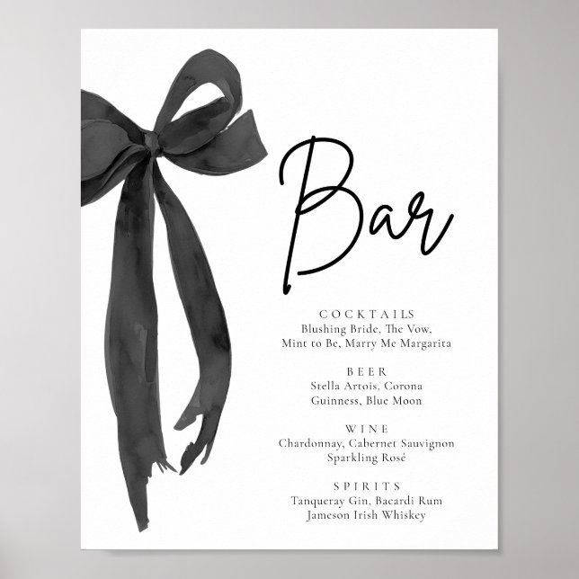 Moderne elegante Coquette Black Bow Bar Sign Poster (Vorne)