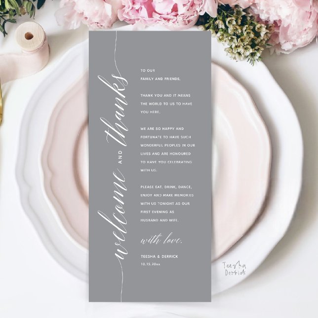 Moderne elegante Dankeskarten für das Hochzeitsdin Programm (Modern Classy Wedding Reception Dinner Thank You Card, Bridal Shower in Dark Grey)