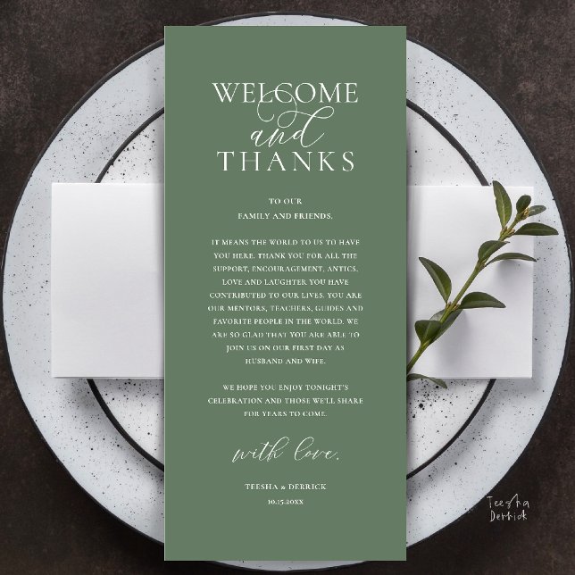 Moderne elegante Dankeskarten für die Hochzeitsfei Programm (Modern Classy Wedding Reception Dinner Lunch Brunch Thank You Card in Sage Green)