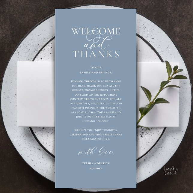 Moderne elegante Dankeskarten für die Hochzeitsfei Programm (Modern Classy Wedding Reception Dinner Lunch Brunch Thank You Card in Dusty Blue)