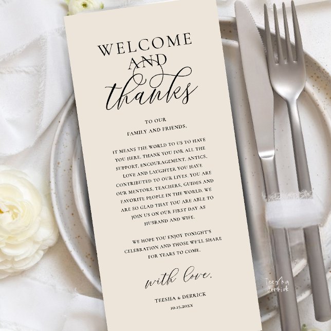 Moderne elegante Dankeskarten für die Hochzeitsfei Programm (Modern Classy Wedding Reception Dinner Brunch Lunch Thank You Card in Cream Black)