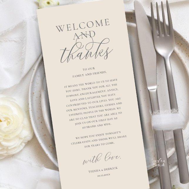Moderne elegante Dankeskarten für die Hochzeitsfei Programm (Modern Classy Wedding Reception Dinner Brunch Lunch Thank You Card in Cream Grey)