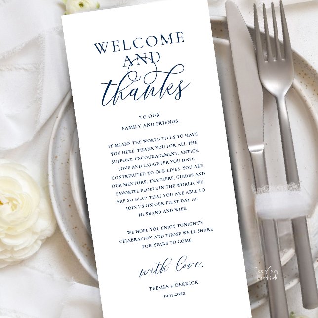 Moderne elegante Dankeskarten für die Hochzeitsfei Programm (Modern Classy Wedding Reception Dinner Brunch Lunch Thank You Card in Navy Blue)