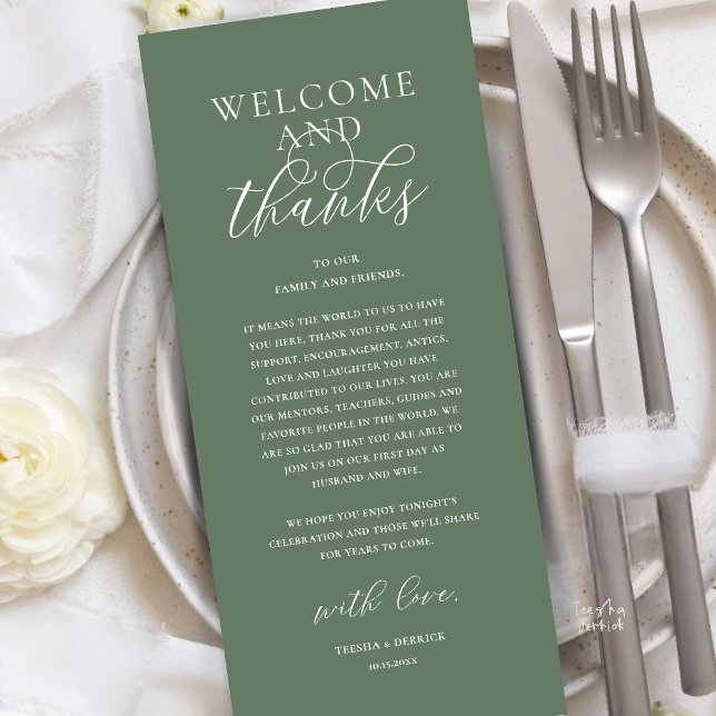 Moderne elegante Dankeskarten für die Hochzeitsfei Programm (Modern Classy Wedding Reception Dinner Brunch Lunch Thank You Card in Sage Green)