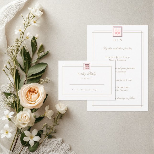 Moderne, elegante, doppelte Happiness Chinesische  RSVP Karte (Von Creator hochgeladen)