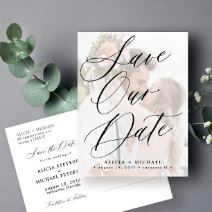 Moderne, elegante Drehbuch-Foto Hochzeit speichern Ankündigungspostkarte