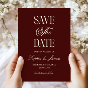 Moderne elegante dunkle Burgunder-Hochzeit mit Elf Save The Date