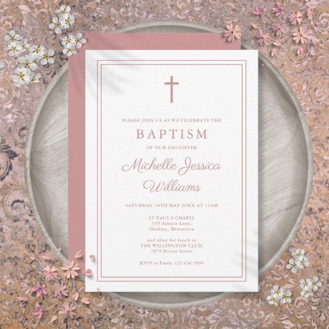 Moderne elegante Dusty-Rose Rosa Border Taufe Einladung (Modern Elegant Dusty Rose Pink Border Baptism Invitation)