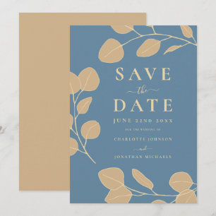 Moderne Elegante Einfache Blätter Blaue Hochzeit Save The Date