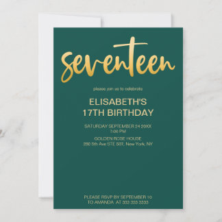 Moderne elegante einfache grüne/goldene 17. Geburt Einladung