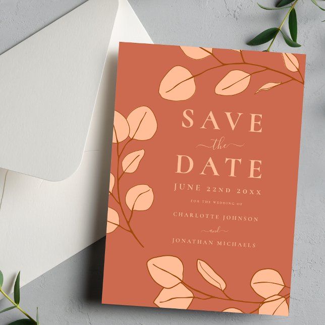 Moderne Elegante einfache Leaf-Peach-Hochzeit Save The Date (Modern minimalist leaf peach fuzz chic save the date wedding invitation )
