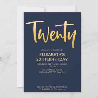 Moderne elegante einfache Navy-Blue 20. Geburtstag Einladung