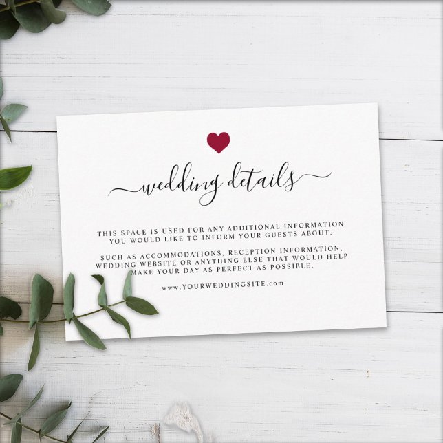 Moderne Elegante, einfache Red Heart Wedding Detai Begleitkarte (Von Creator hochgeladen)