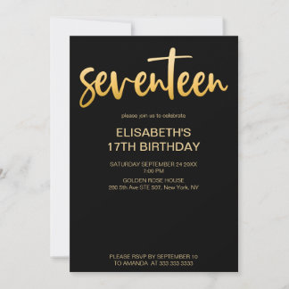 Moderne elegante einfache schwarze/goldene 17. Geb Einladung
