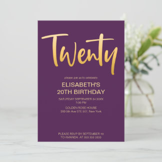 Moderne elegante einfache violette 20. Geburtstags Einladung