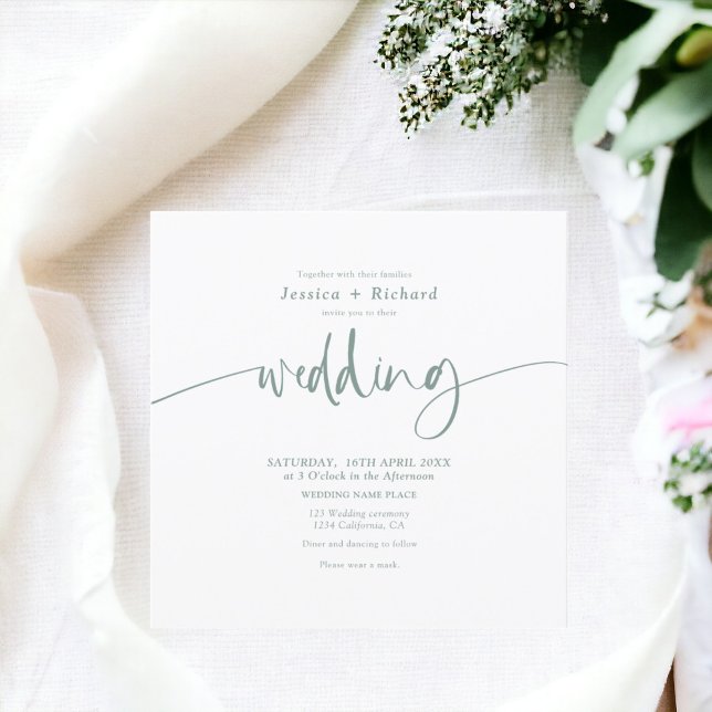 Moderne, elegante, einfache Weise Weise grün Hochz Einladung (Modern elegant simple sage green wedding script invitation)