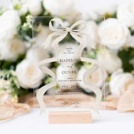 Moderne Elegante Elfenbeinküste Bow Ribbon Wedding Acryleinladungen