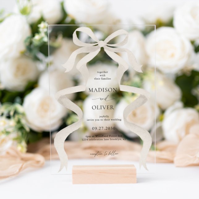 Moderne Elegante Elfenbeinküste Bow Ribbon Wedding Acryleinladungen (Von Creator hochgeladen)
