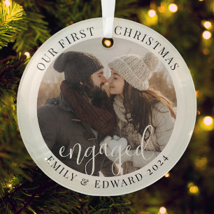 Moderne elegante erste Weihnachten verlobt Foto Keramik Ornament