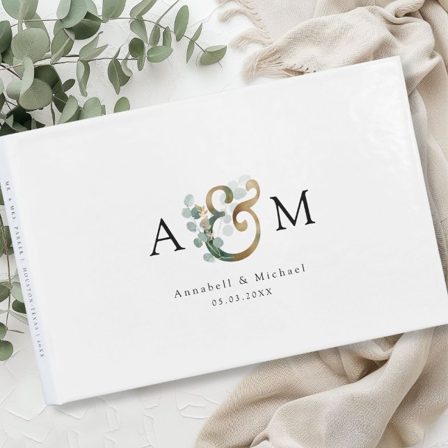 Moderne Elegante Eukalyptus Ampersand Hochzeit Gästebuch (Modern, elegant eucalyptus ampersand wedding guest book, personalized)