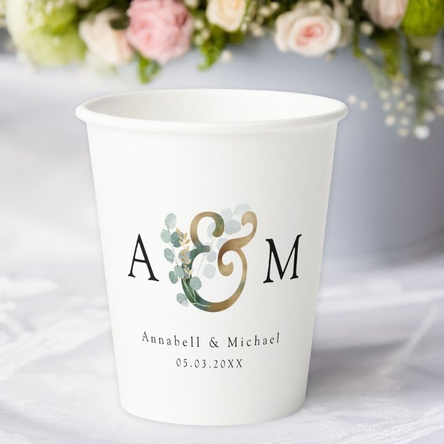 Moderne Elegante Eukalyptus Ampersand Hochzeit Pappbecher (Modern, elegant eucalyptus ampersand wedding paper cups with your names and date.)