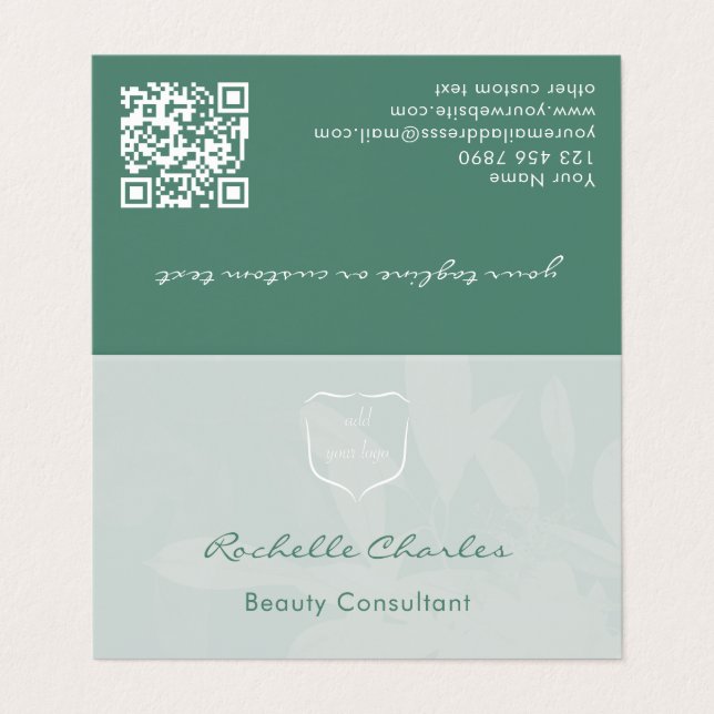 Moderne elegante Eukalyptus-Grün-Füge-Logo-QR-Code Visitenkarten (Außenseite Aufgefaltet)