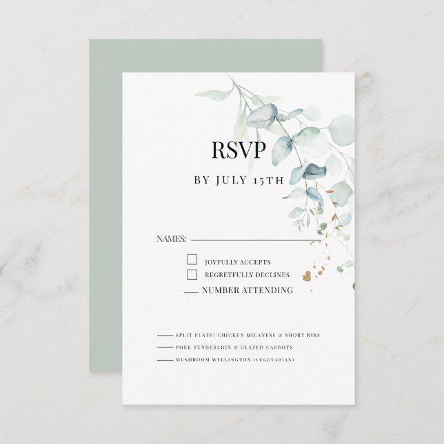 Moderne Elegante Eukalyptus Grüne Speisekarte RSVP Karte (Vorne/Hinten)