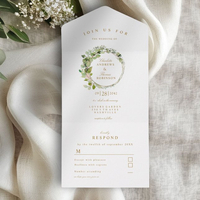 Moderne, elegante Eukalyptus-Hochzeit All In One Einladung (Modern, elegant eucalyptus wreath wedding all in one invitation)