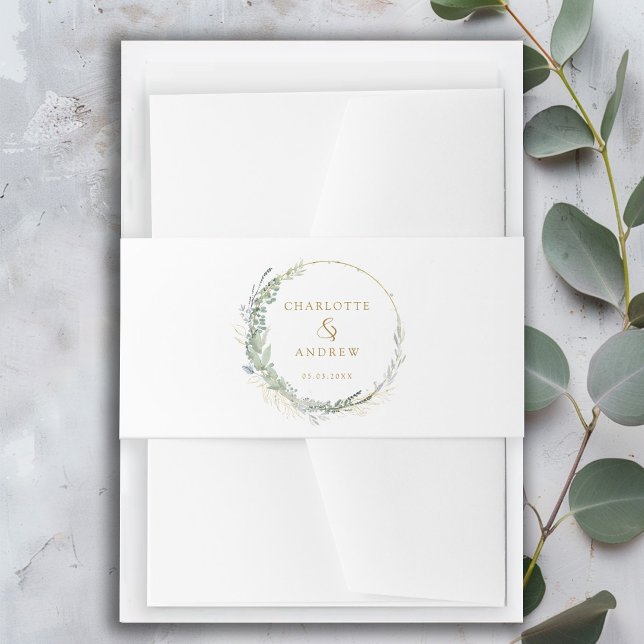 Moderne, elegante Eukalyptus-Hochzeit Einladungsbanderole (Modern, elegant eucalyptus wedding invitation belly band with your name and date.)