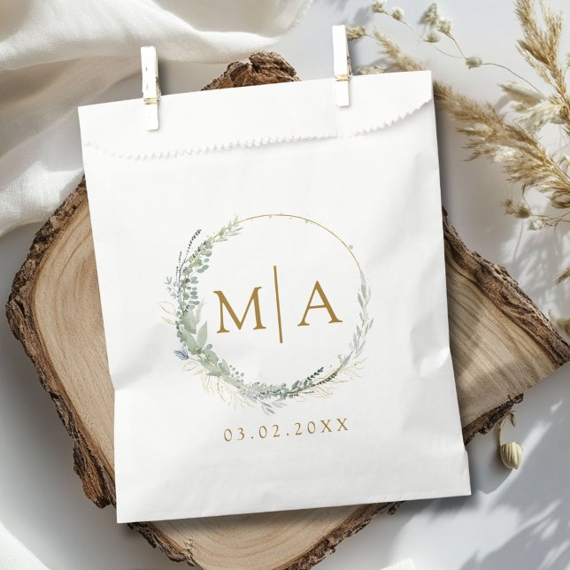 Moderne, elegante Eukalyptus-Hochzeit Geschenktütchen (Modern, elegant eucalyptus wedding favor bag with your monogram and date.)