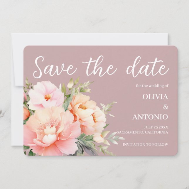 Moderne Elegante Flora Rose Peony Dusty Save The Date (Vorderseite)