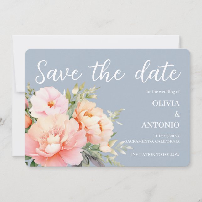 Moderne Elegante Flora Wasserfarben Peony Dusty Bl Save The Date (Vorderseite)