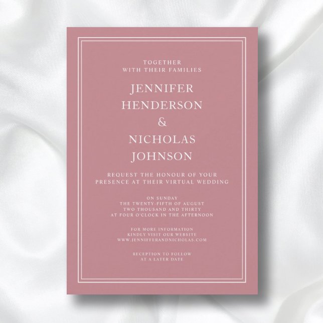 Moderne Elegante formale Dusty Rose Virtual Weddin Einladung (Front / Modern Elegant Formal Dusty Rose Virtual Wedding Invitation)