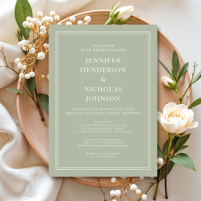 Moderne elegante, formale, grüne virtuelle Hochzei Einladung (Modern Elegant Formal Sage Green Virtual Wedding Invitation)