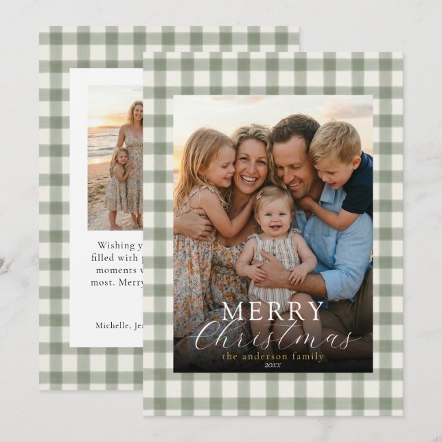 Moderne elegante Foto Frohe Weihnachten Gingham   (Vorne/Hinten)