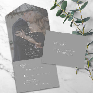 Moderne, elegante Foto Graukohle Hochzeit RSVP All In One Einladung