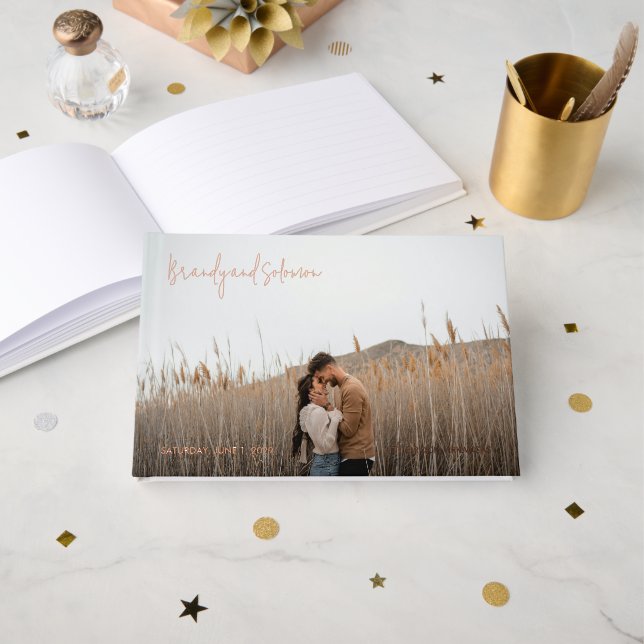 Moderne elegante Foto-Hochzeit Gästebuch (Vorderseite Offen)
