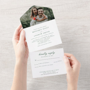 Moderne elegante Foto-Hochzeit Salbei-Grün Schrift All In One Einladung