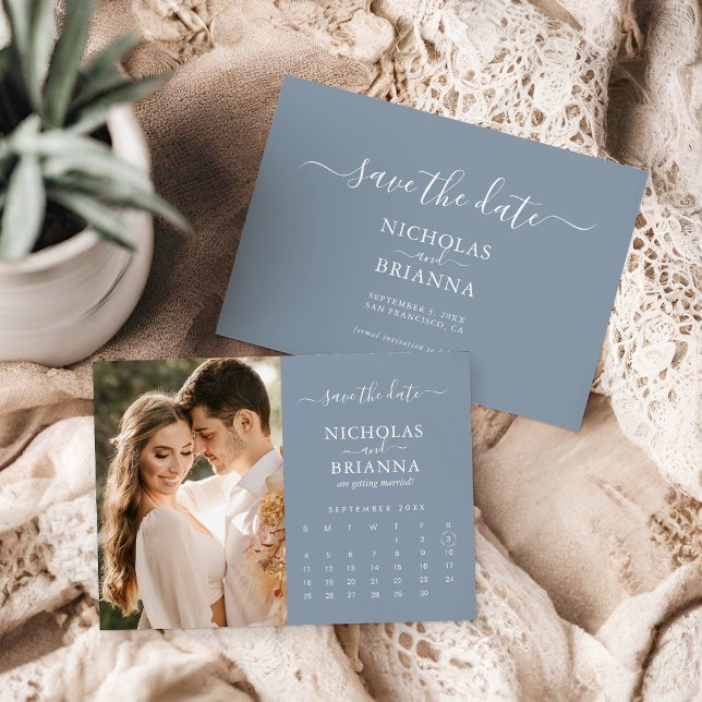 Moderne Elegante Foto Kalender Dusty Blue Wedding Save The Date (Von Creator hochgeladen)