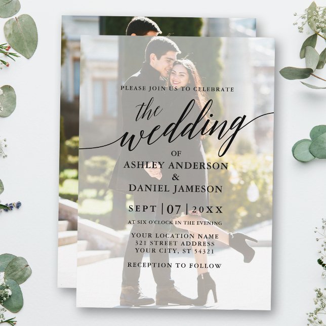 Moderne, elegante Foto-Overlay-Hochzeit Einladung (Customize to change your personalized text size or text style.)