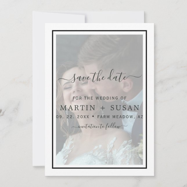 Moderne, elegante Foto-Overlay-Hochzeit Save The Date (Vorderseite)